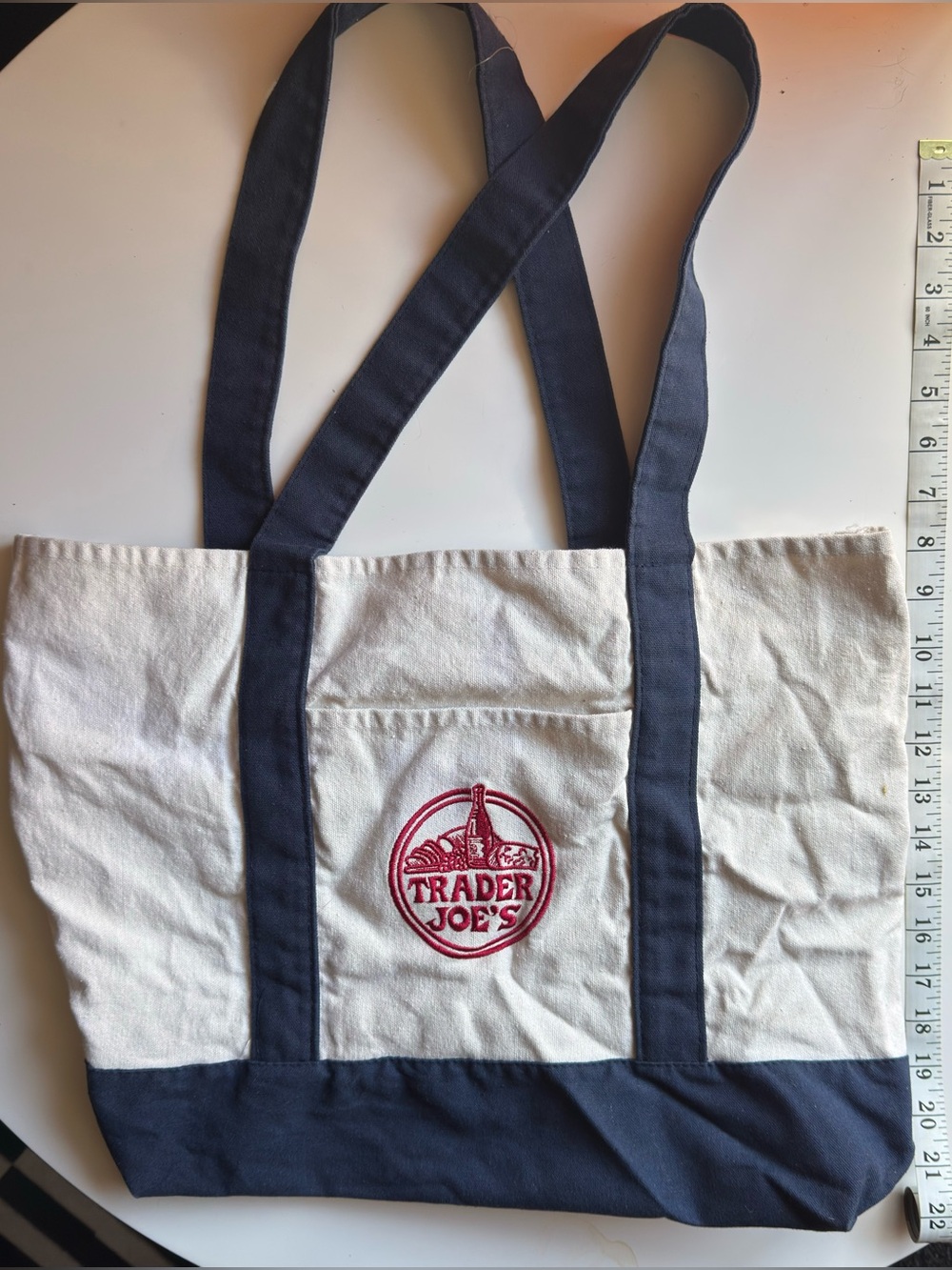 Trader Joe’s Large Canvas Tote Beige Navy with Red Logo Reusable Shopping Bag
